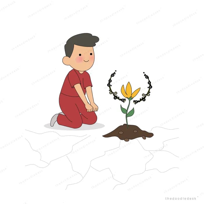 Boy in red kneeling to watch a yellow flower bloom from a patch of soil in cracked ground