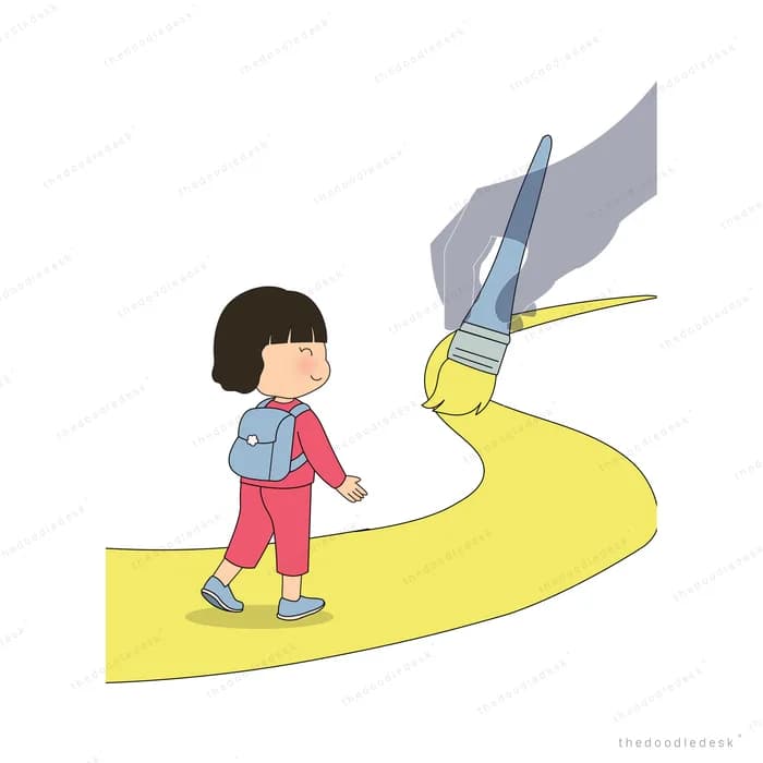 Girl walking forward on a yellow road being painted ahead of her by a giant hand with a brush