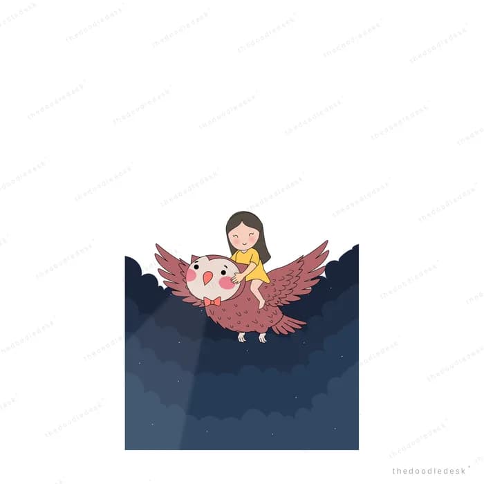 Girl riding a big pink bird flying low over dark water
