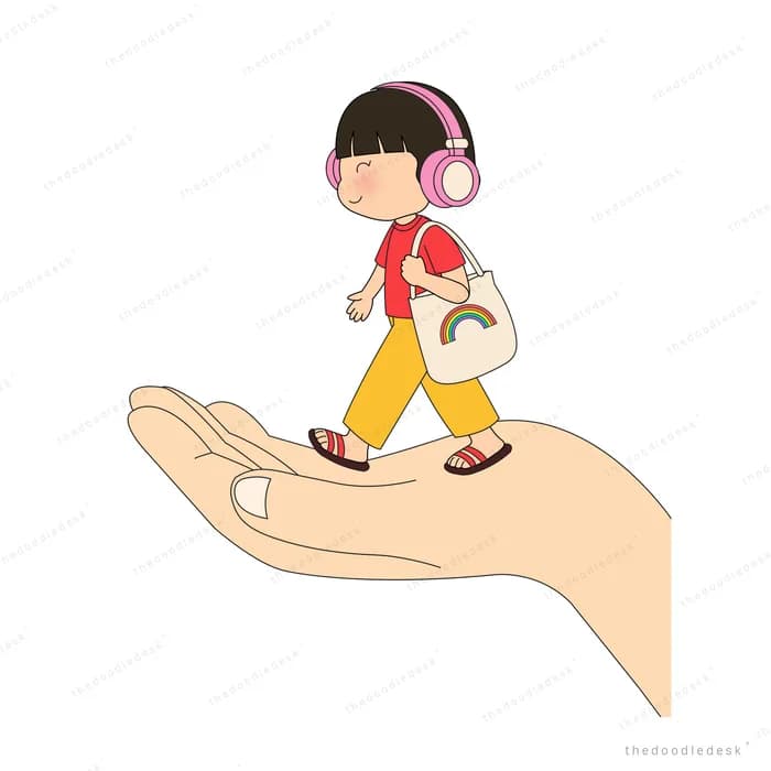 Girl with headphones and a shopping bag walking across a giant open palm