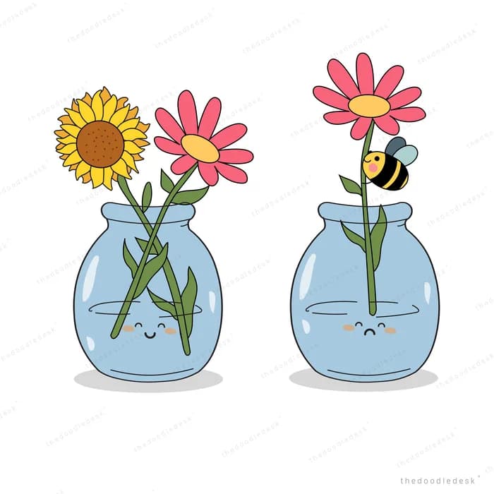 Two glass jars holding a sunflower and pink blossoms with a bee resting on one stem
