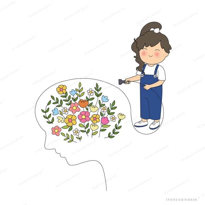 Girl watering a head-shaped silhouette that is blooming with flowers