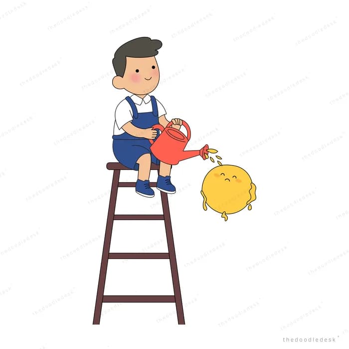 Boy sitting on a stepladder watering a small round yellow creature with a watering can