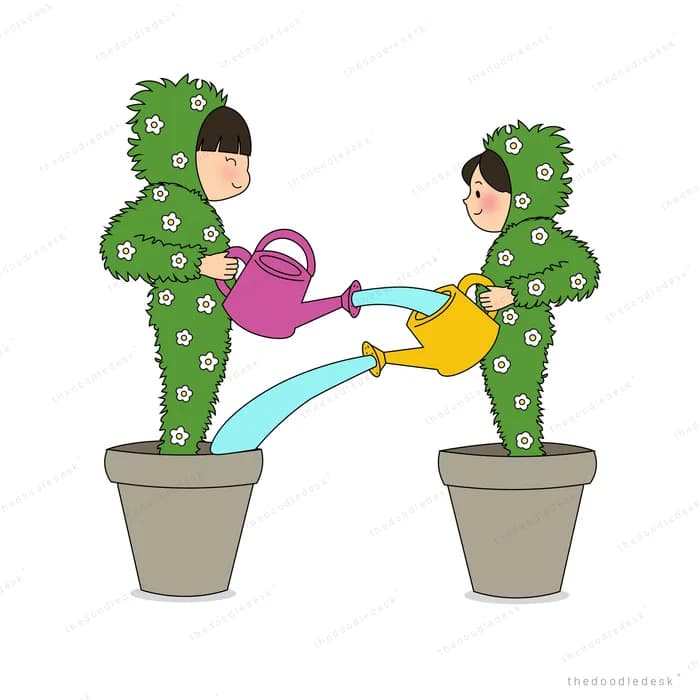 Two floating figures with leafy hair pouring watering cans into each other's plant pots
