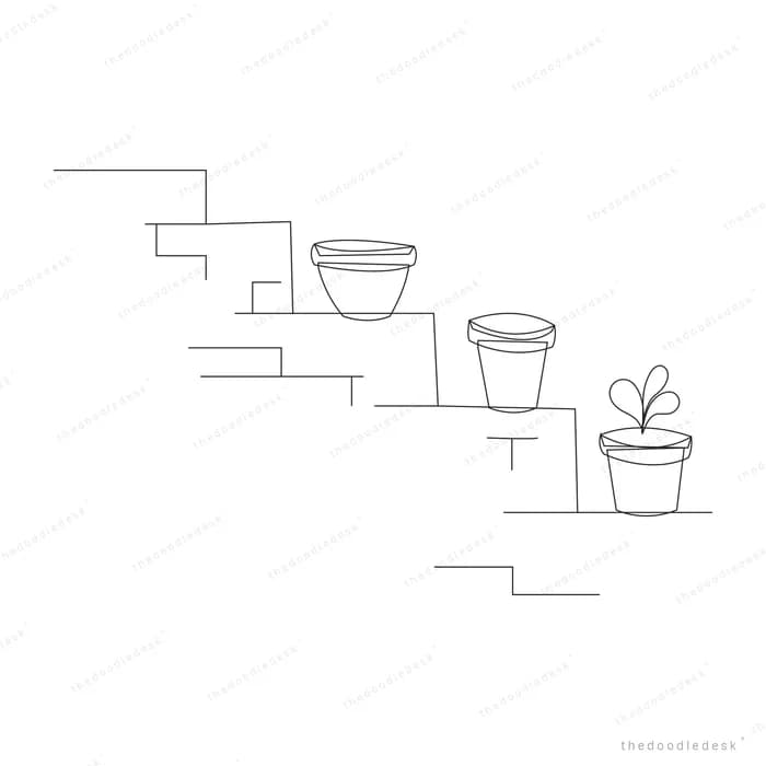 A faint line drawing of stepped ledges holding three plant pots, one with a small sprout