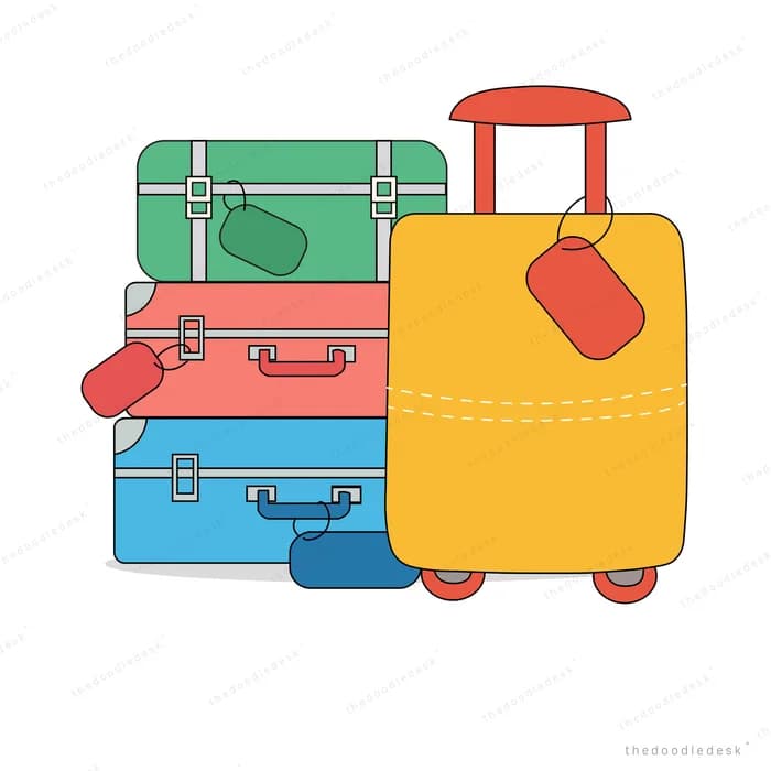 A pile of stacked suitcases beside a large yellow wheeled case with a luggage tag