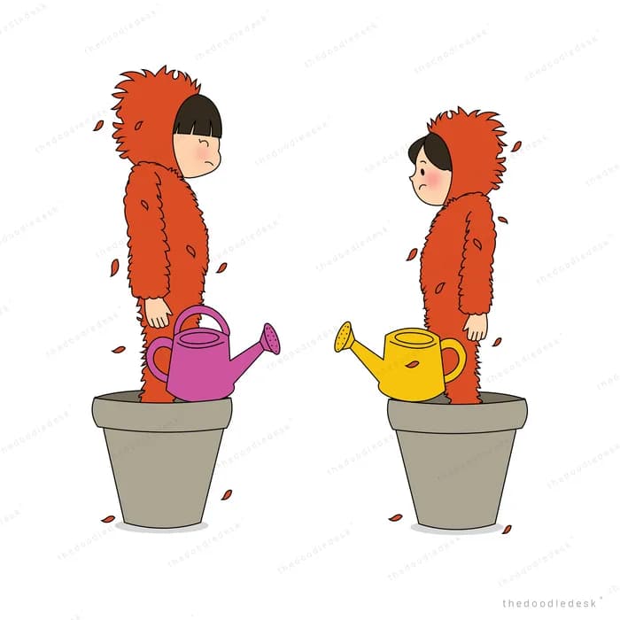 Two figures in red hooded cloaks leaning over plant pots pouring watering cans into them