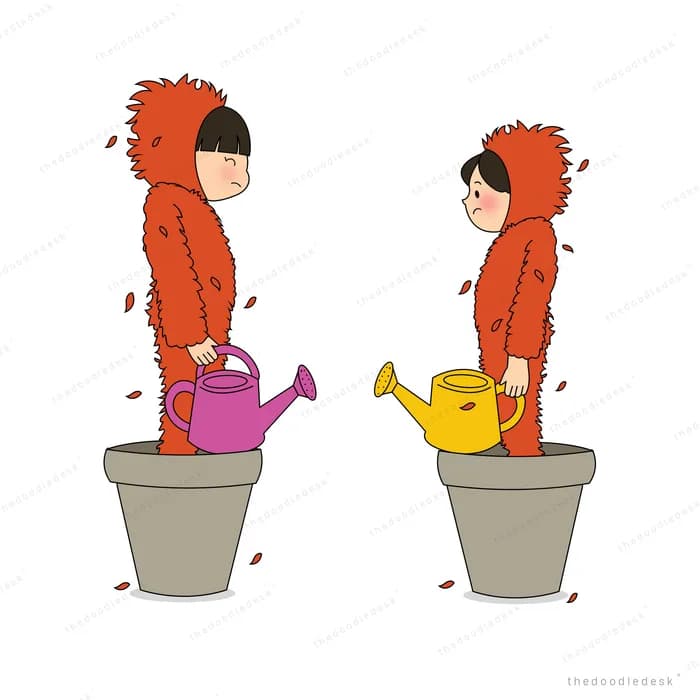 Two figures in red hooded cloaks bending over tall plant pots to pour watering cans into them