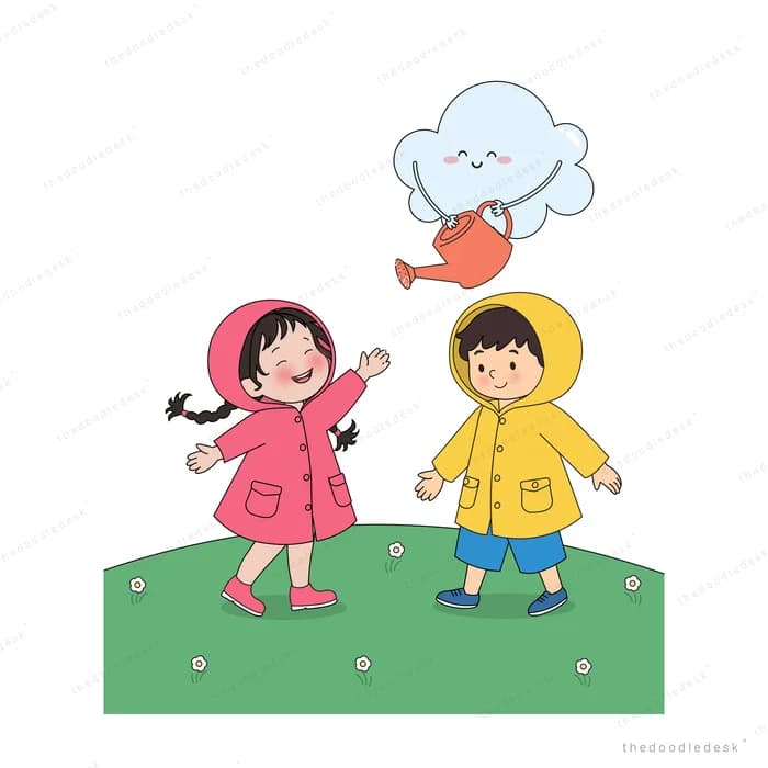Girl and boy in raincoats dancing on grass while a smiling cloud pours a watering can over them