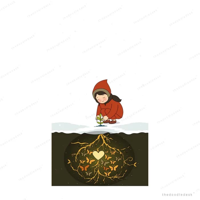 Child in a red hooded coat crouching on snow above a cross-section of soil packed with buried autumn leaves