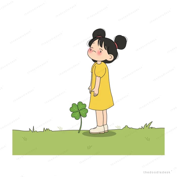 Girl in a yellow dress standing on grass looking down at a small four-leaf clover