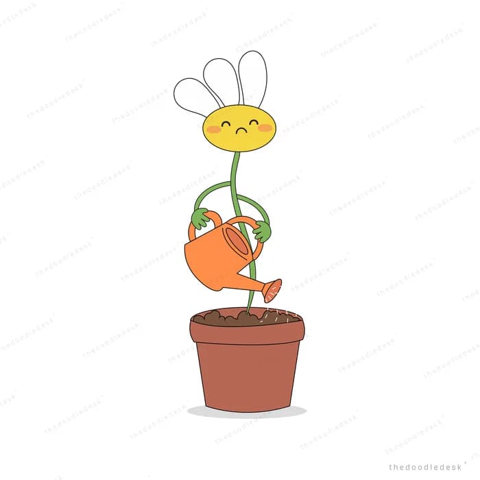 Smiling white daisy in a terracotta pot holding an orange watering can over its own roots