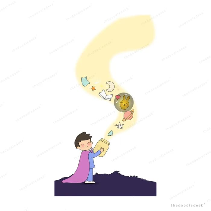 Boy in a purple cape kneeling as a golden swirl of light carrying stars and a creature rises from his hands