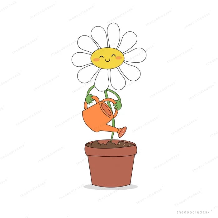 Smiling white daisy in a terracotta pot tipping an orange watering can into its own soil