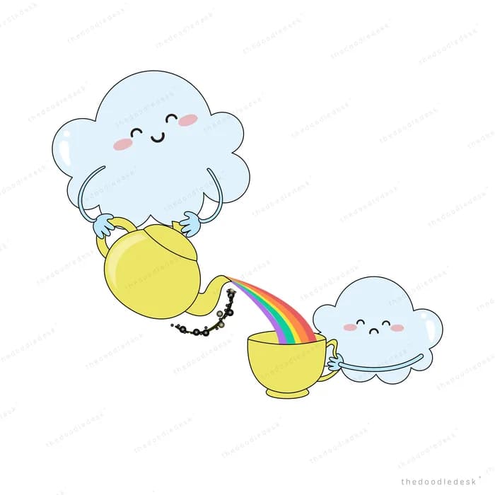Big smiling cloud pouring a rainbow from a yellow teapot into a cup held by a smaller cloud