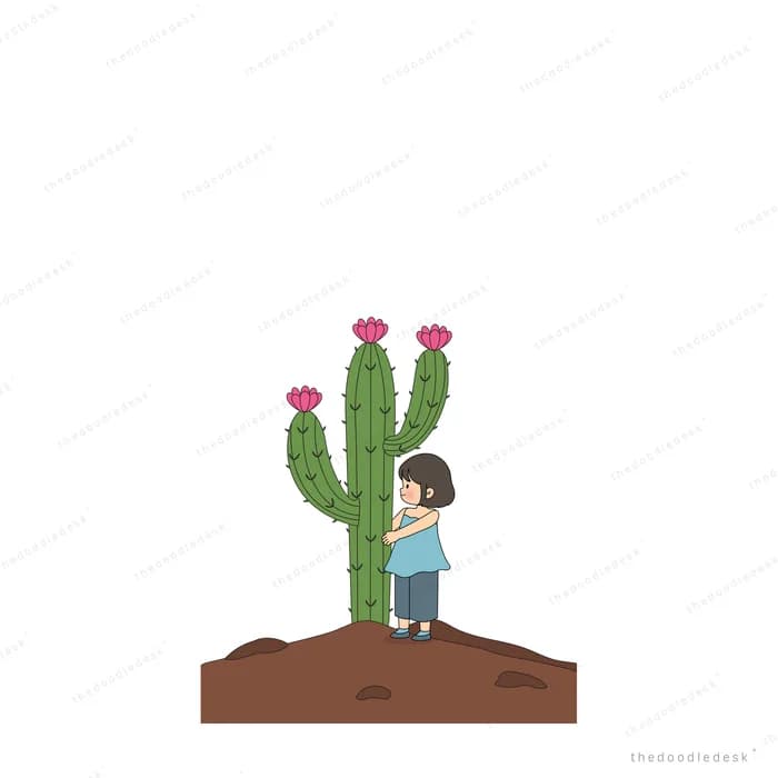 Small man standing under a tall flowering cactus that showers him like a shower head