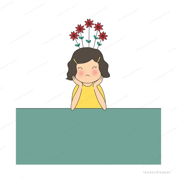 Girl with red flowers in her hair peeking over a teal banner block
