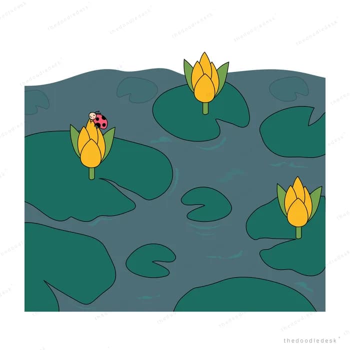 Ladybug resting on a yellow lotus bud in a dark lily pond