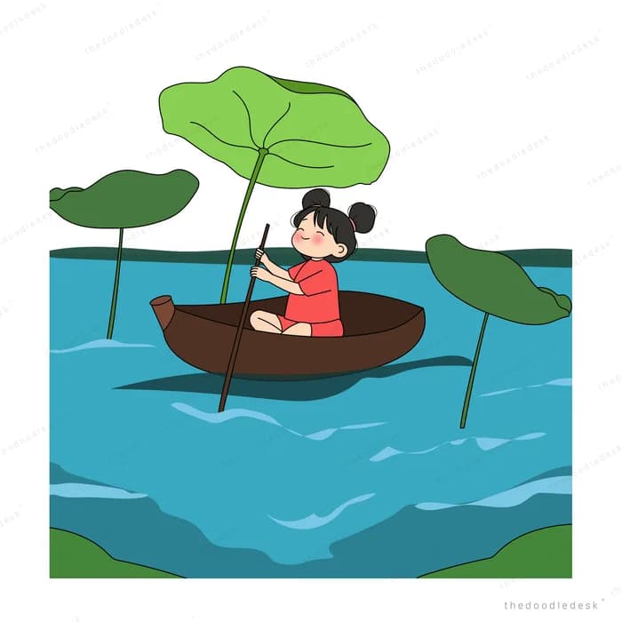 Girl punting a wooden boat with a lotus leaf sail across a blue pond