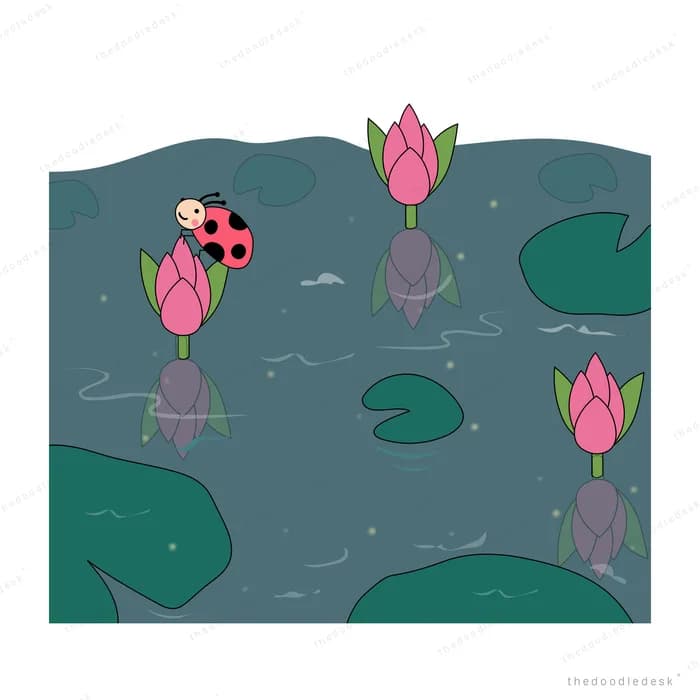 Large ladybug beside pink lotus buds reflected in a dark pond