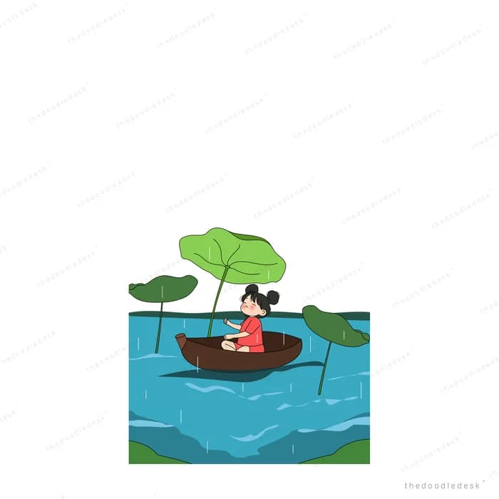 Girl in a red dress rowing a boat with a lotus leaf sail on a pond