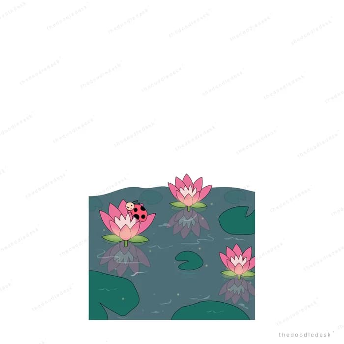 Pink lotus flowers and a ladybug on a small dark lily pond