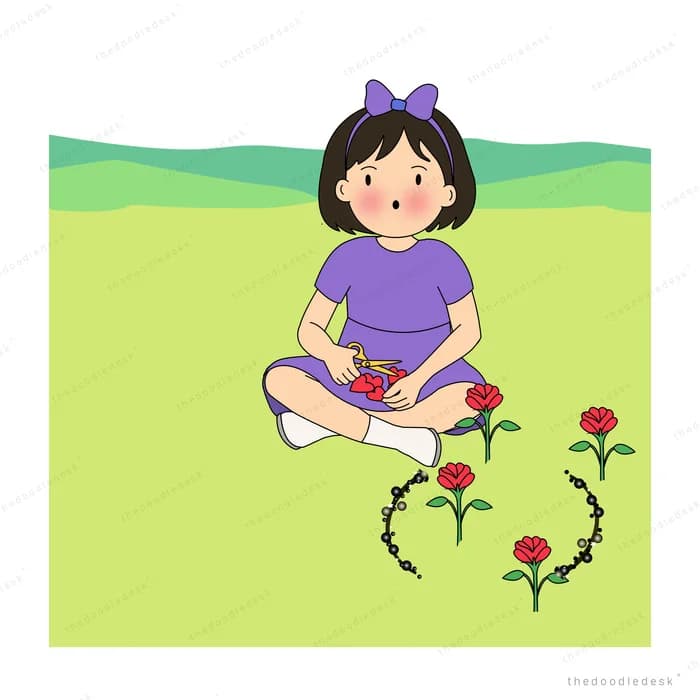 Girl threading a garland on a green lawn dotted with red carnations