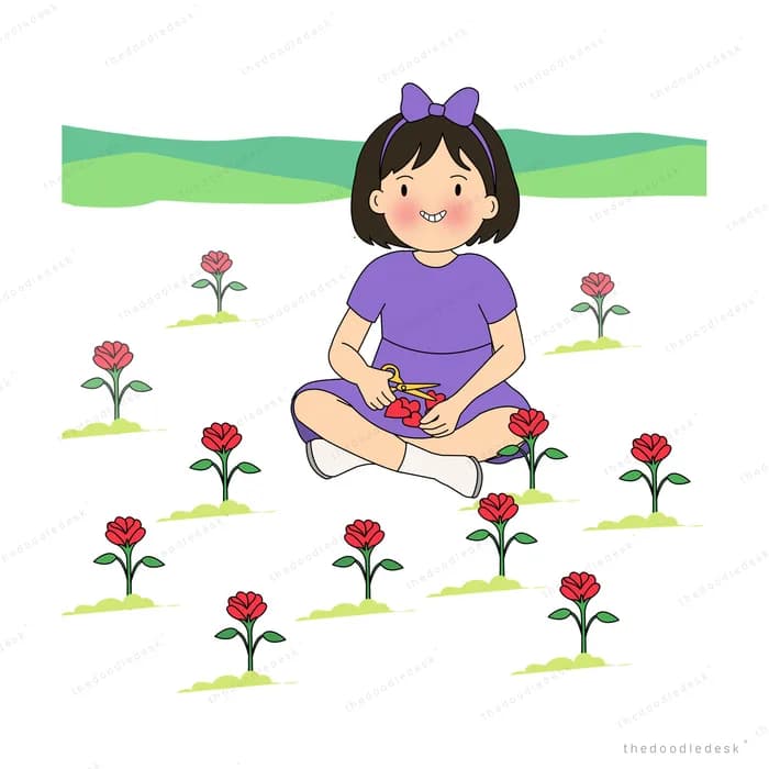 Girl making a garland in a field of red carnations