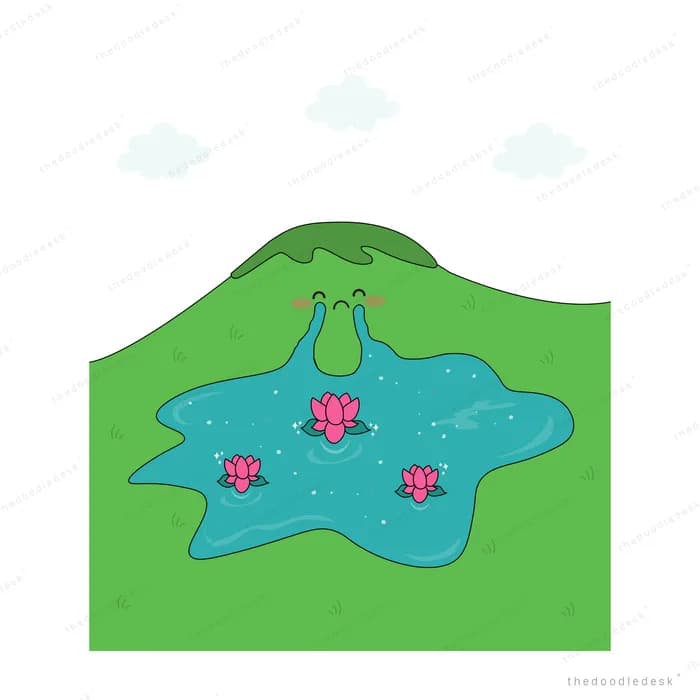 Pink lotus flowers floating on a blue pond set into a green hill