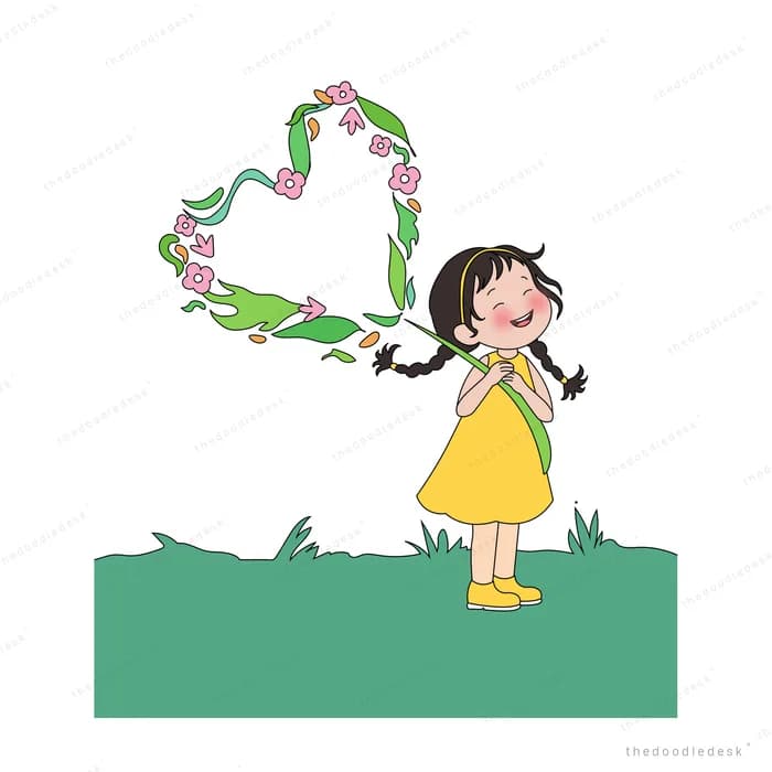 Girl in a yellow dress on grass singing as a floral ribbon curls above her