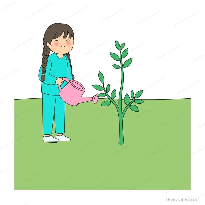 Girl in teal watering a young green plant on a grassy field