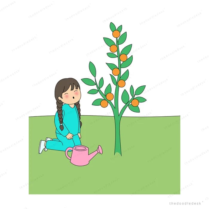 Girl in teal kneeling beside a young orange tree with her watering can