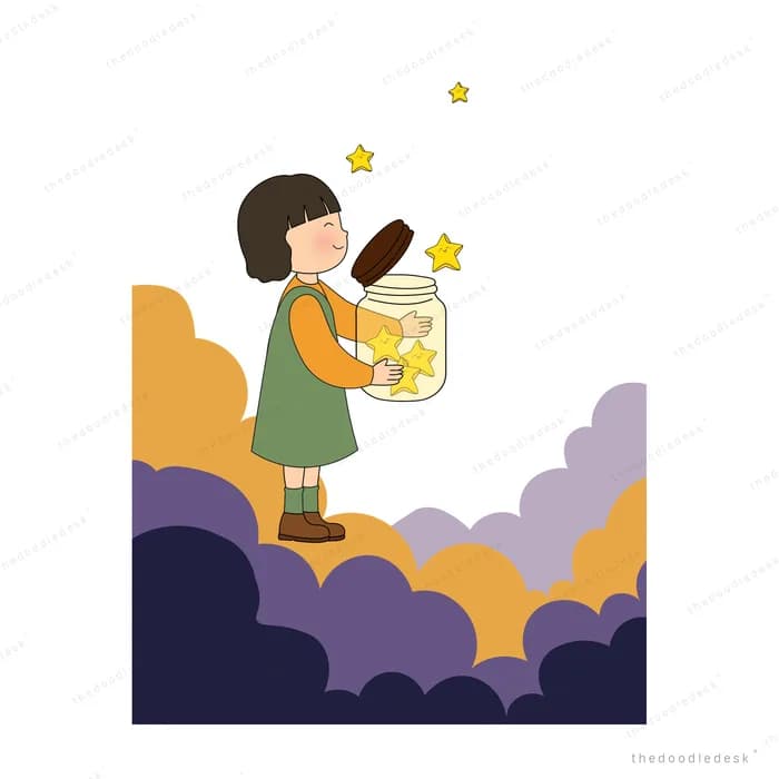 Girl sitting on a golden ledge above dark clouds holding a jar of glowing stars