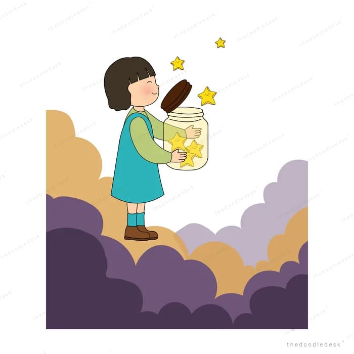 Girl standing on a golden ledge above purple clouds holding a jar of glowing stars