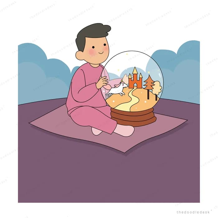 Girl in pink pyjamas sitting on a mat holding a large snow globe with a castle inside