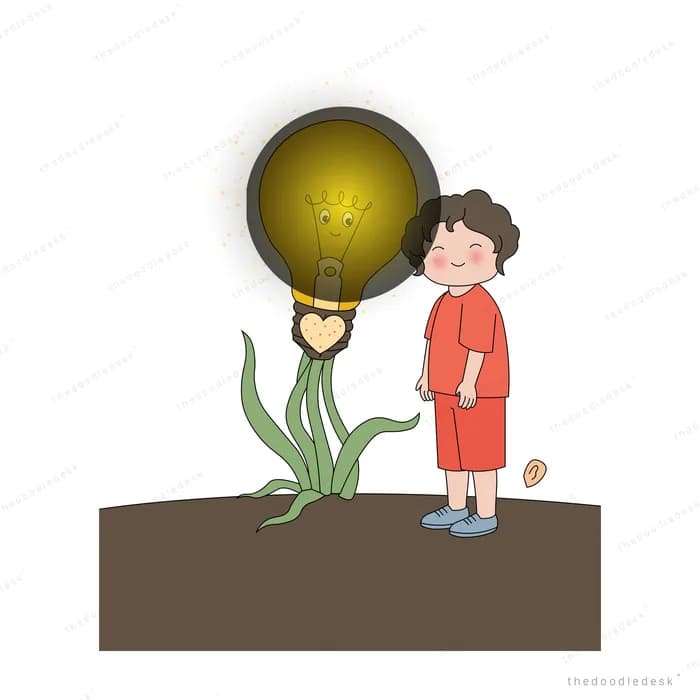 Boy in red standing beside a glowing yellow light bulb growing on a plant