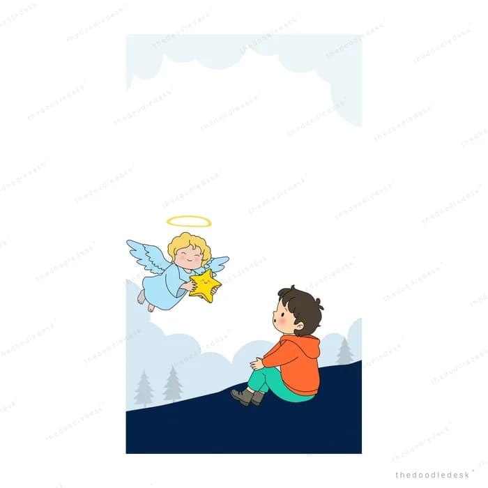 Small winged angel carrying a star hovering toward a boy seated on a ledge