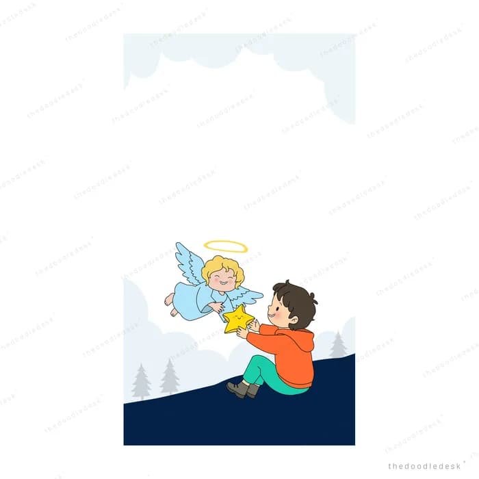 Winged angel offering a golden star to a boy sitting on a snowy ledge