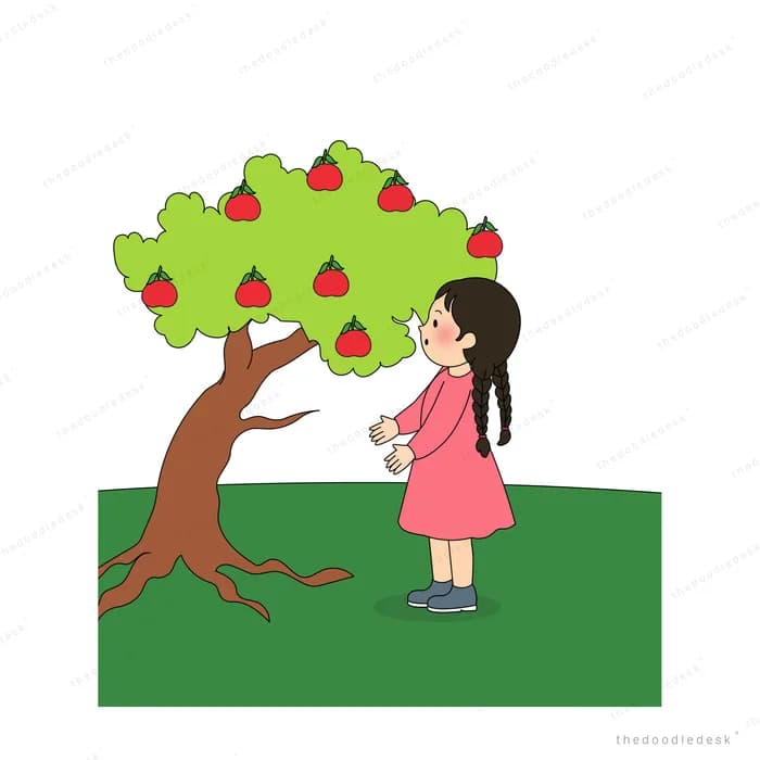 Girl in pink picking fruit from a leaning fruit tree on green grass
