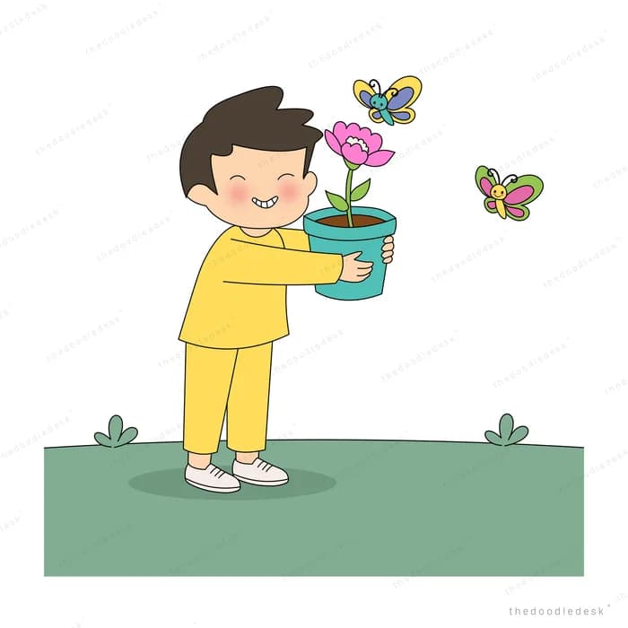Boy in yellow holding a potted pink flower as butterflies settle on it