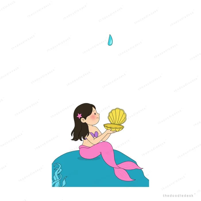 Mermaid lying on a blue reef holding up a golden clam shell