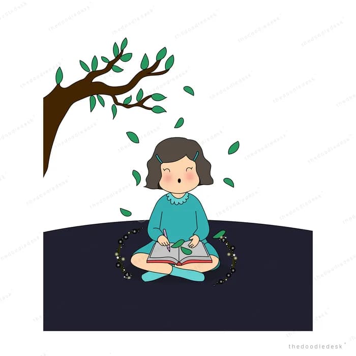 Girl reading a book as green leaves fall from the branch above her