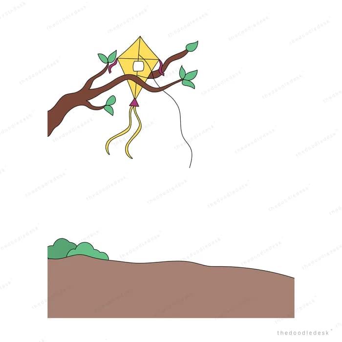 Yellow diamond kite tangled in a bare tree branch above brown ground