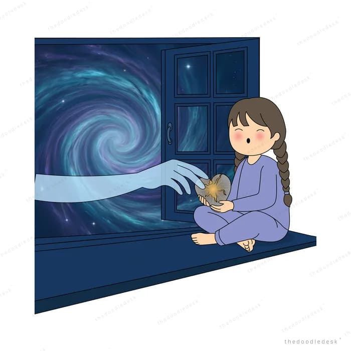 Glowing wisp reaching in through the window to a girl seated with her teddy