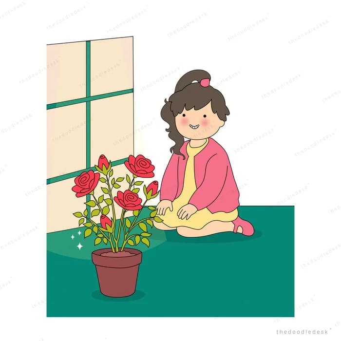Woman in pink kneeling by her potted plant now blooming with red roses