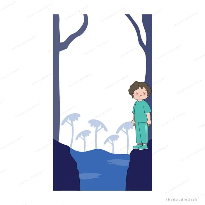 Boy in teal standing inside the open mouth of a giant blue whale above the water