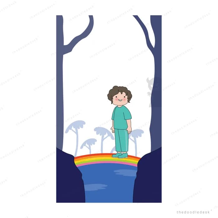 Boy standing in a giant whale's mouth as a rainbow arcs across it