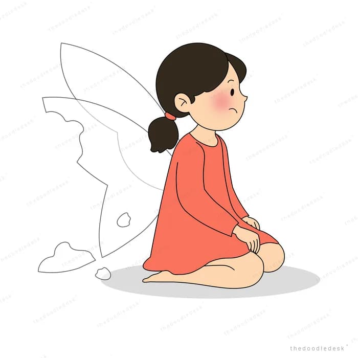 Winged fairy girl in a red cape kneeling with her head bowed