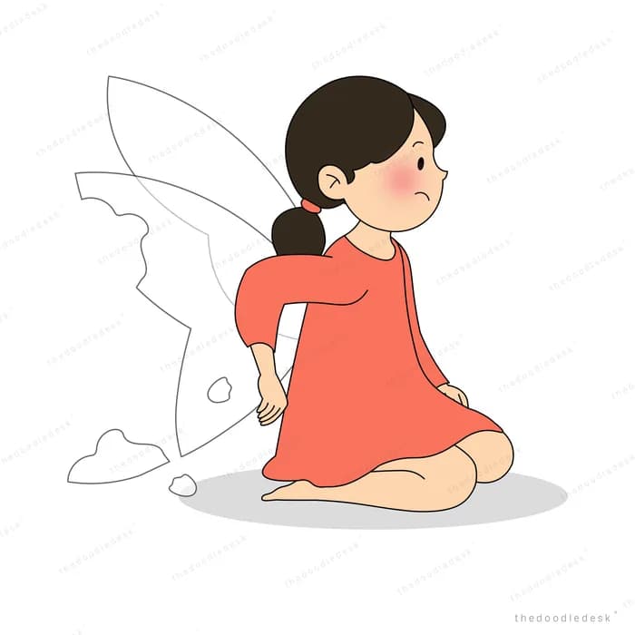 Winged fairy girl kneeling and pulling her red cape around her