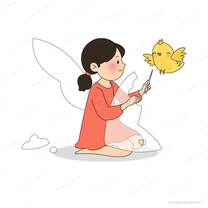 Winged fairy girl holding out a finger for a yellow chick to perch on